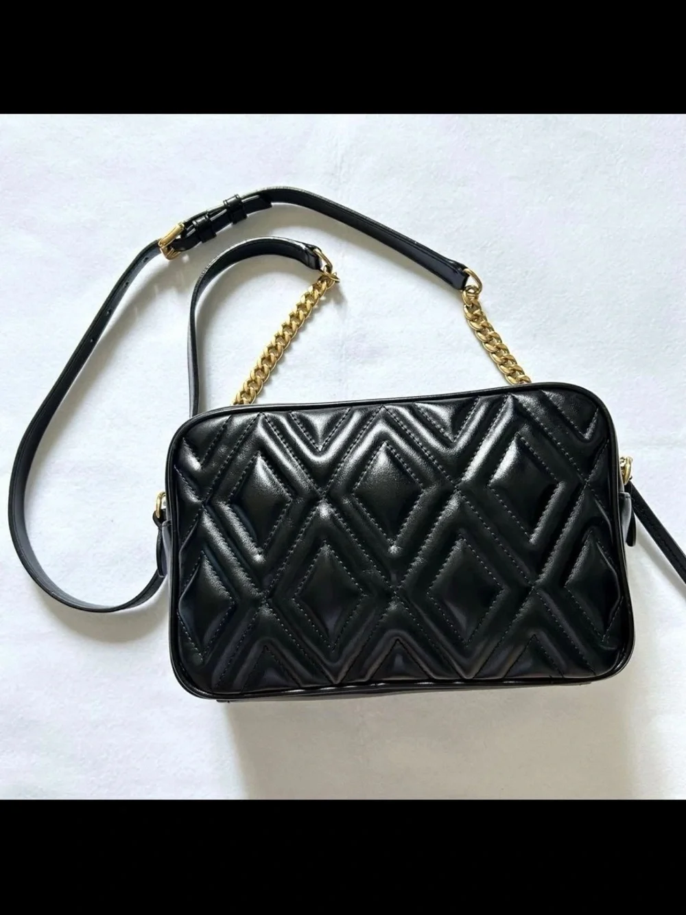 Miu Miu Black Quilted Camera Bag with Gold Chain Accent